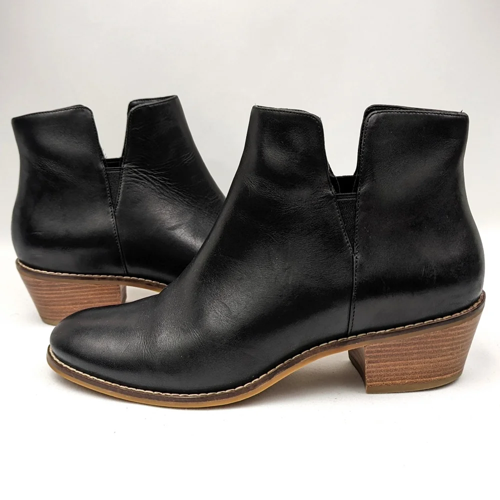 Cole Haan Abbot Ankle Boot Leather Notched Pull On Block Heel Chelsea Black 9